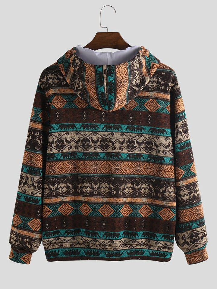 Mens Animal Printed Ethnic Style Casual Pocket Hooded Sweatshirt - MRSLM