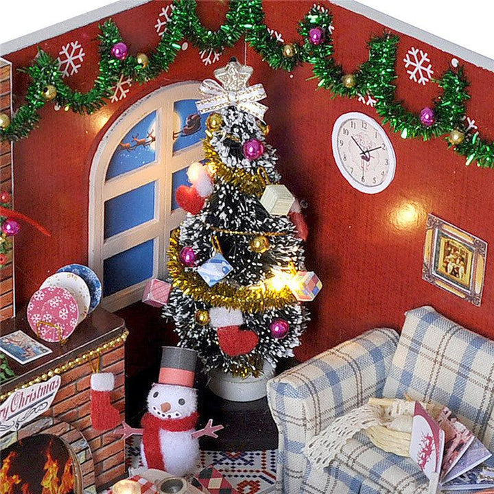 DIY Wooden Doll House Furniture Kits LED Light Miniature Christmas Room Puzzle Toy Gift Decor - MRSLM