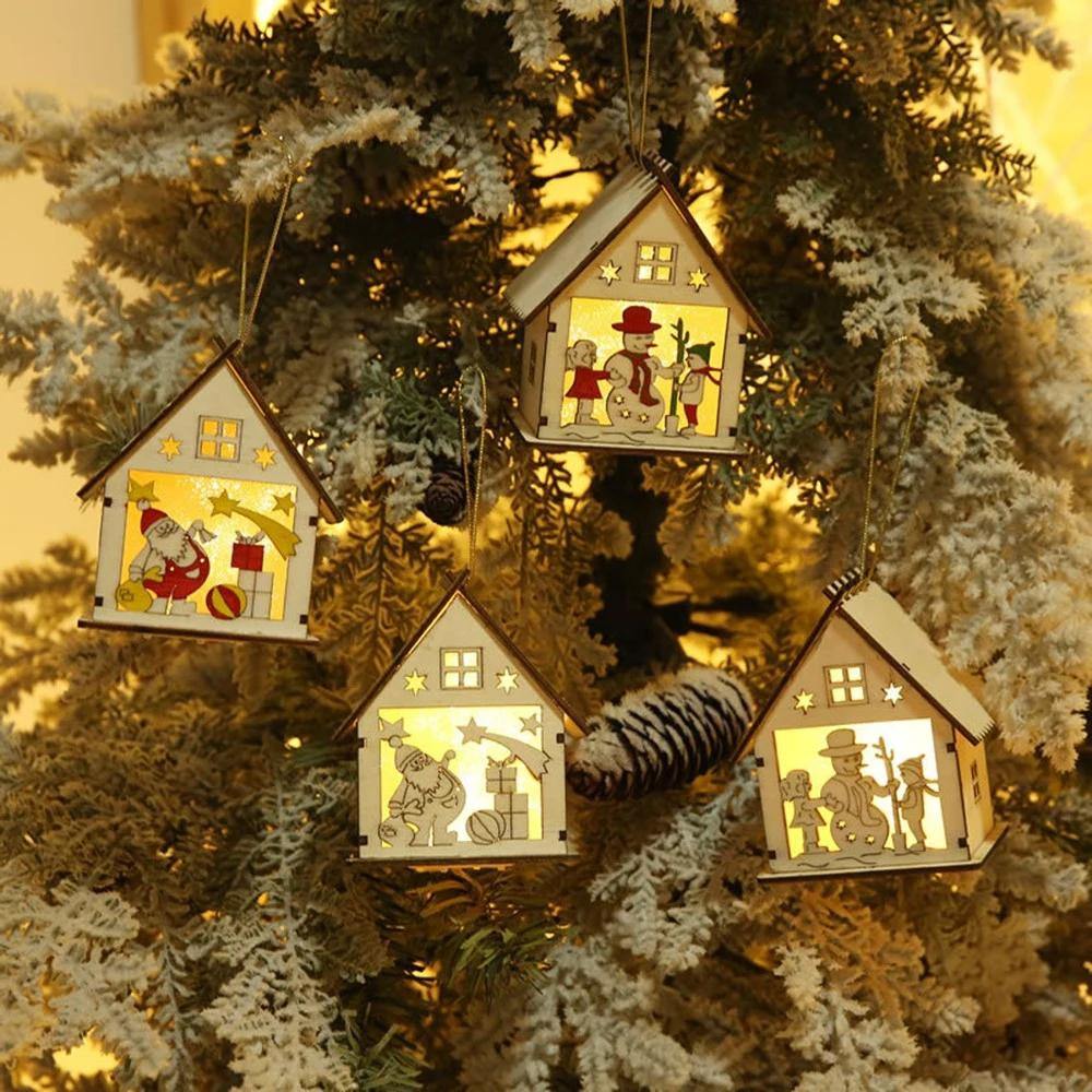 Christmas Decorative Warm White Light LED Chalet Luminous Cute Wood House Christmas Tree Hanging Decoration Ornaments for Home Decor - MRSLM