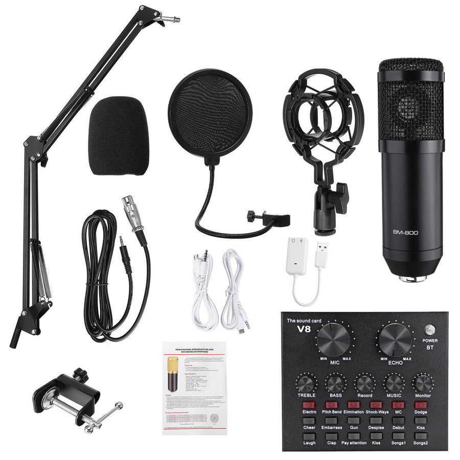 BM800 Condenser Microphone V8 Sound Card Kit Muti-functional bluetooth Sound Card for Studio Mobile Phone PC Laptop Recording Live Broadcast - MRSLM