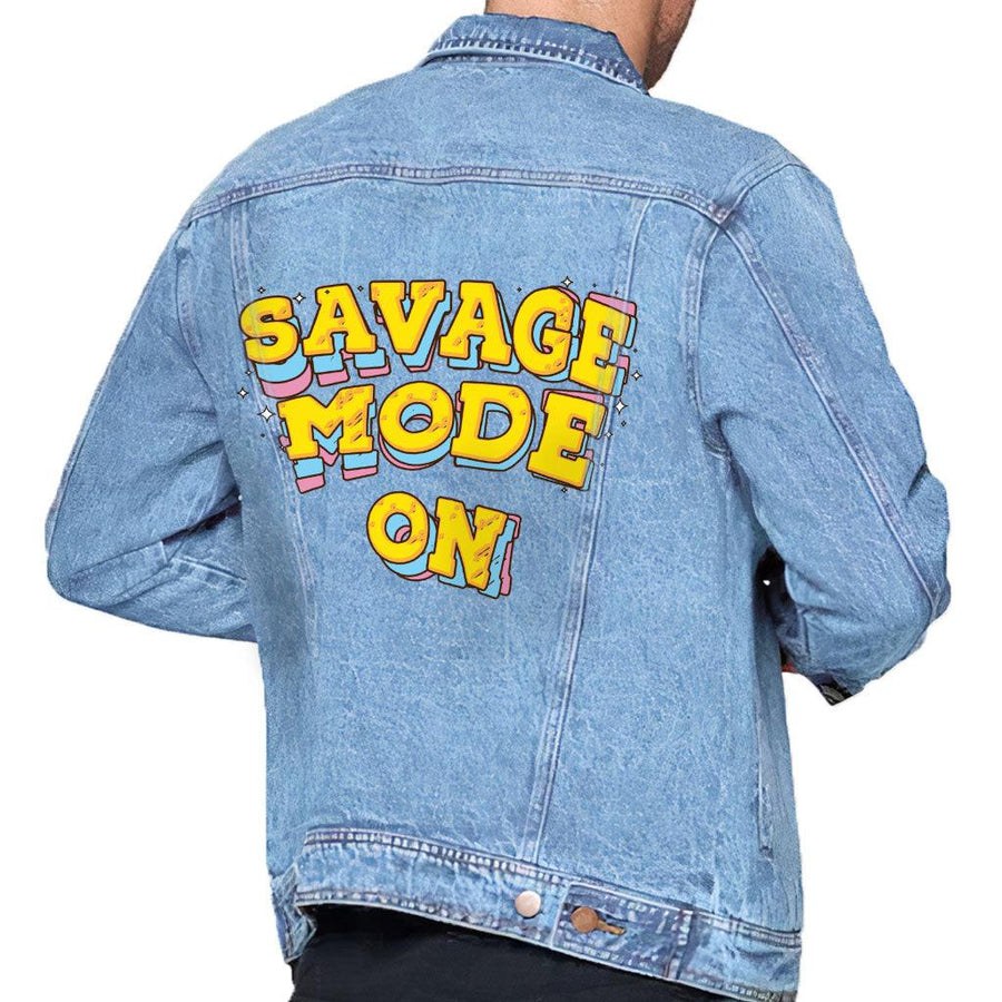 Savage Light Washed Men's Denim Jacket - Funny Denim Jacket - Graphic Jacket for Men - MRSLM