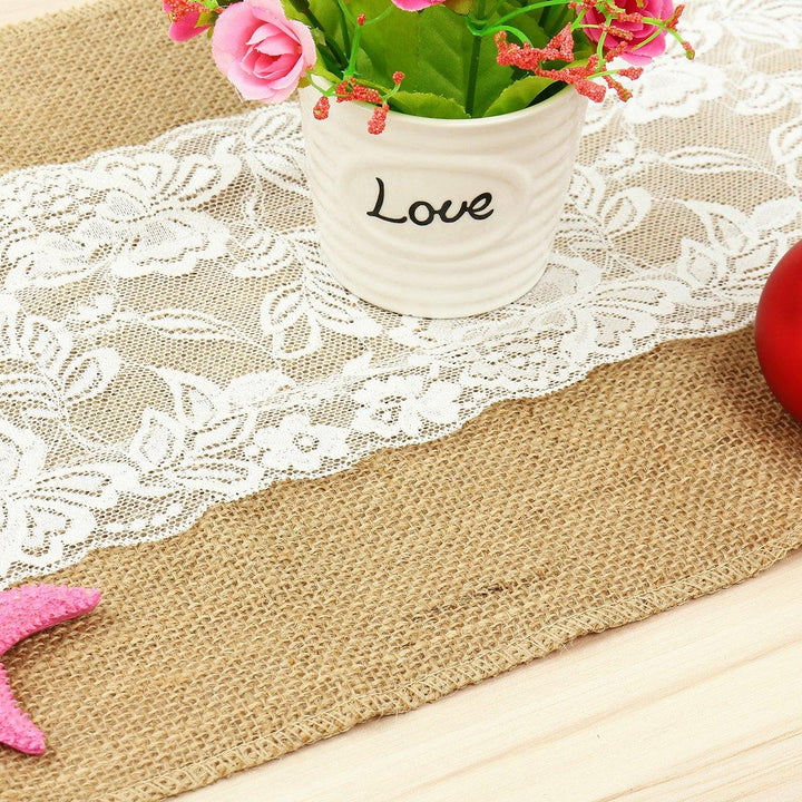 Vintage Hessian Natural Burlap Jute Lace Table Runner Fabric Wedding Party Decor Tablecloth - MRSLM