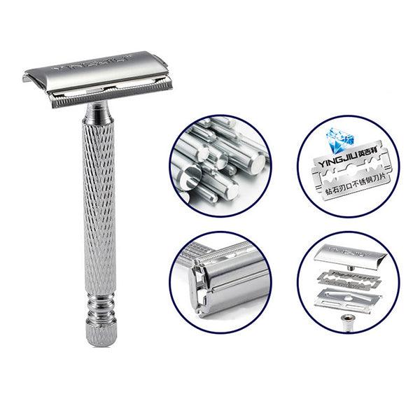 Traditional Handle Double Edges Stainless Steel Safety Razor (Silver) - MRSLM