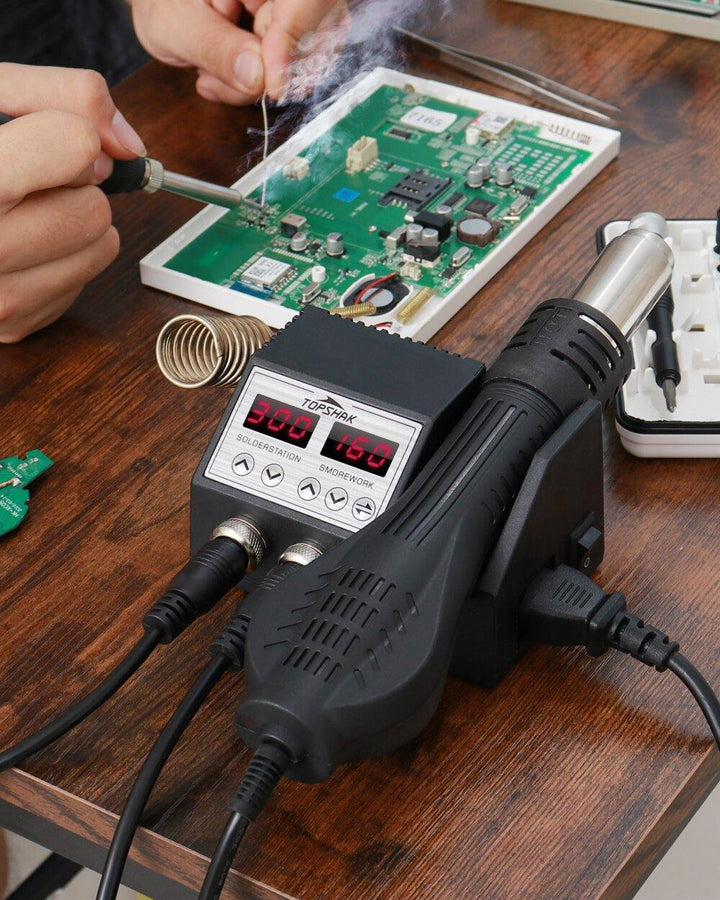 TOPSHAK TS-CD3 2 In 1 LCD Digital Display Rework Soldering Station Soldering iron Hot Air Gun with 4 Nozzles for Cell-phone BGA SMD PCB IC Repair - MRSLM