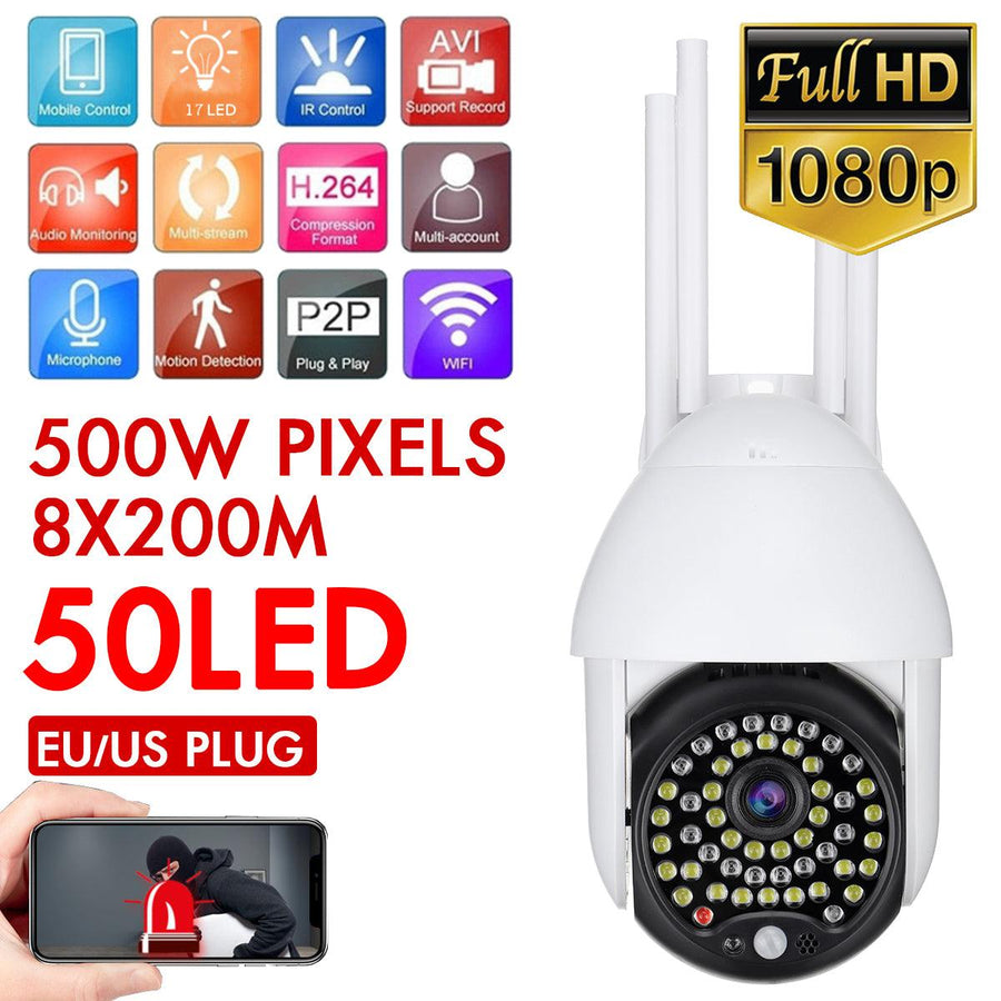 1080P HD IP CCTV Camera Surveillance Outdoor Wi-Fi PTZ 5MP 50LED Security IR Camera - MRSLM