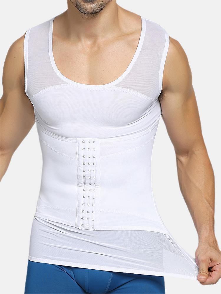 Men Thin Net Shapewear Tank Tops Tummy Control Nylon Breathable Hasp Waist Trainer Underwear - MRSLM