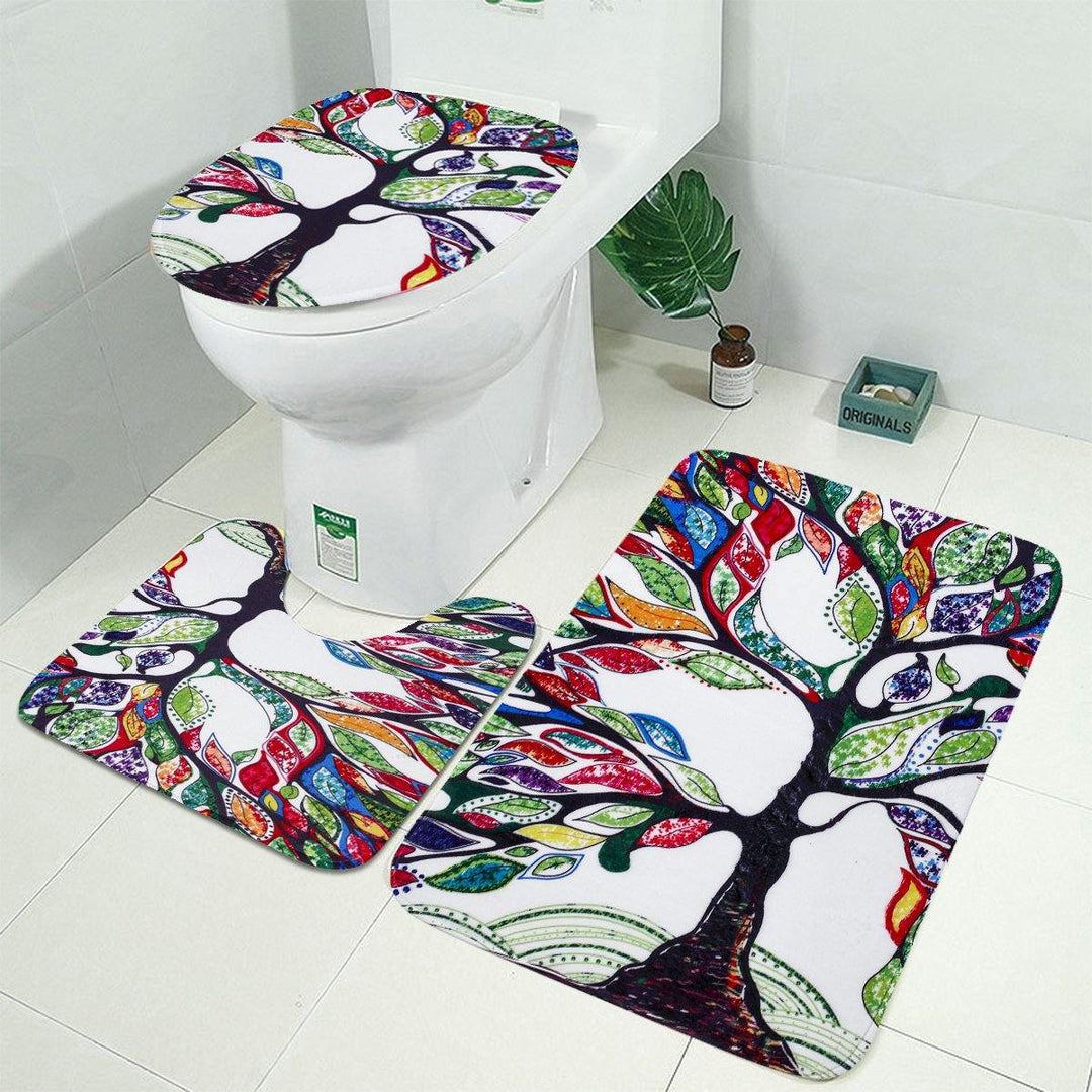 Tree Pattern Prints Bathroom Shower Curtain Non Slip Toilet Lid Cover Rugs Mat - MRSLM