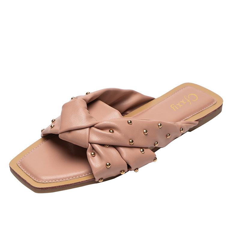 Summer New Style Rivet Woven Slippers Female Cross Flat-bottomed Female Sandals - MRSLM