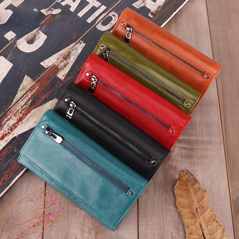 Ladies Genuine Leather Simple Solid Color Long Wallet - MRSLM