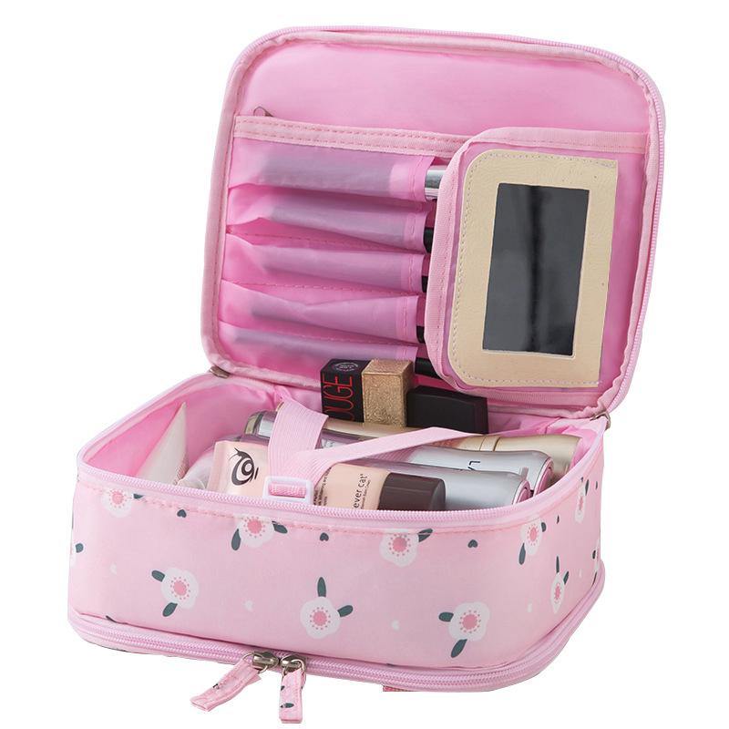 Double-layer large-capacity Portable Cosmetic Bag With Mirror Wash Bag - MRSLM