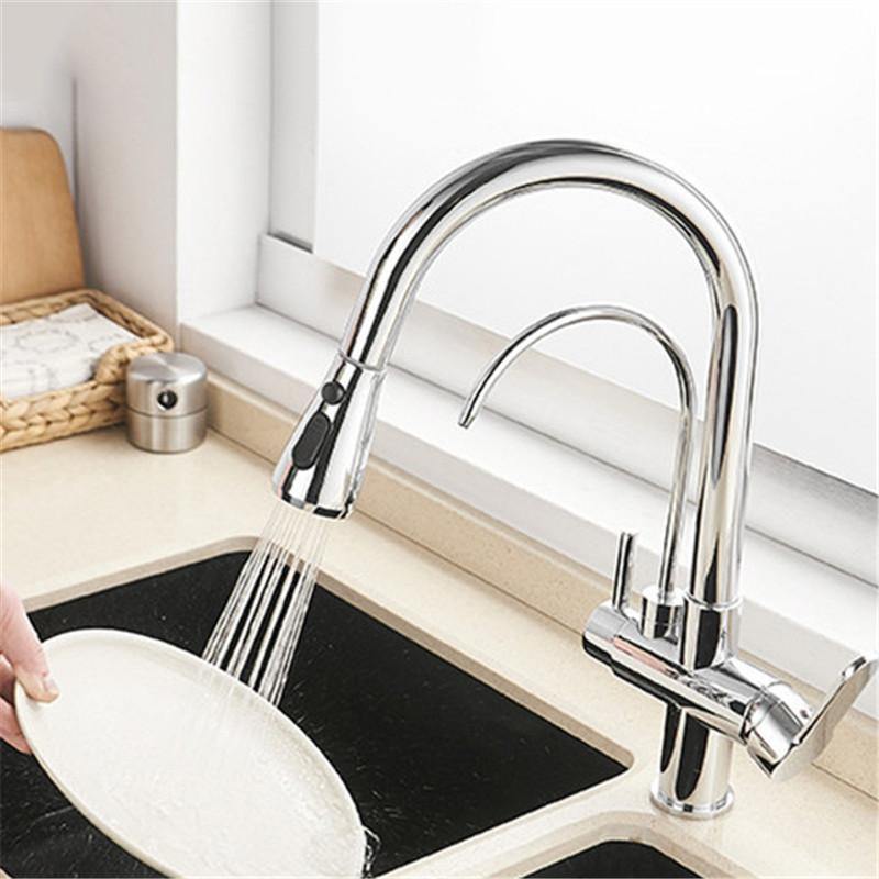 3 in 1 Kitchen Pull Down Sprayer 360 ° Rotating Hot and Cold Water Mixer Tap Direct Drinking Faucet - MRSLM