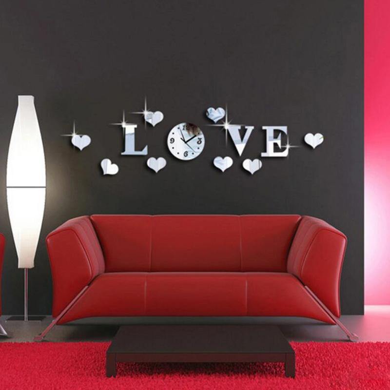 Honana DX-X2 Creative Love 3D Acrylic Mirror Wall Sticker Quartz Clocks Watch Large Home Decor - MRSLM