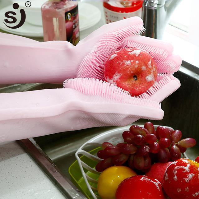 Silicone Dishwashing Glove Kitchen Cleaning Glove Convenient Brush Glove Quick to Clean Plates - MRSLM