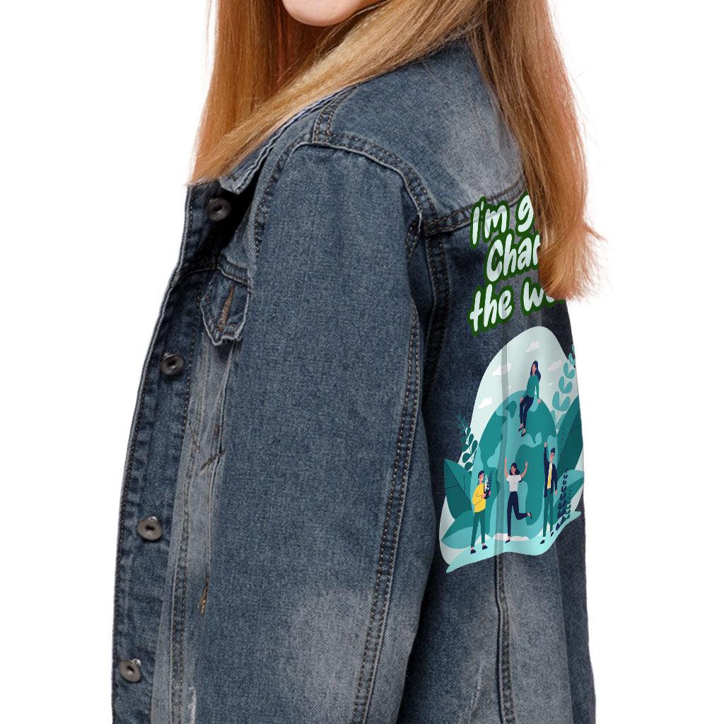 Change the World Kids' Denim Jacket - Motivational Quotes Jean Jacket - Illustration Denim Jacket for Kids - MRSLM
