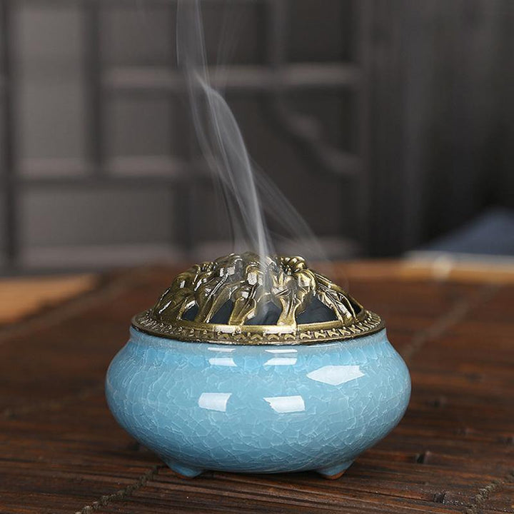 Ceramic Incense Burner Censer Coil Stick Holder Ash Catcher w/ Alloy Cover Aromatherapy Decor - MRSLM