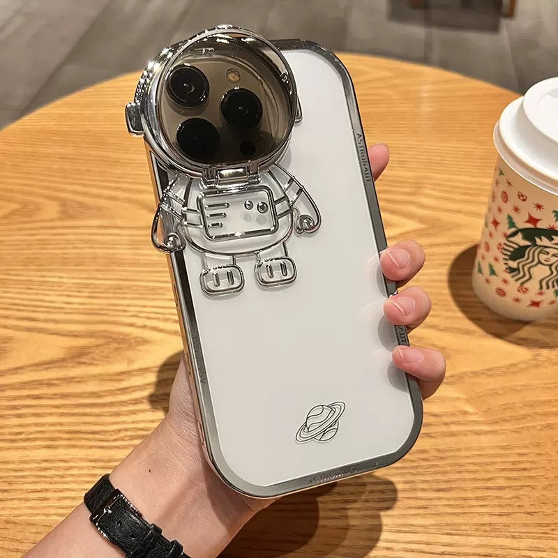 Glitter Astronaut Camera Stand Phone Case For IPhone 14 13 12 11 Pro Max XR 14 Plus Invisible Lens Bracket Plating Soft Cover