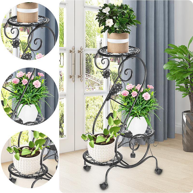 3 Tier S-shape Metal Plant Stand Display Shelf Flower Pot Rack Home Garden Ornaments Decor Rack With Removable Wheel - MRSLM