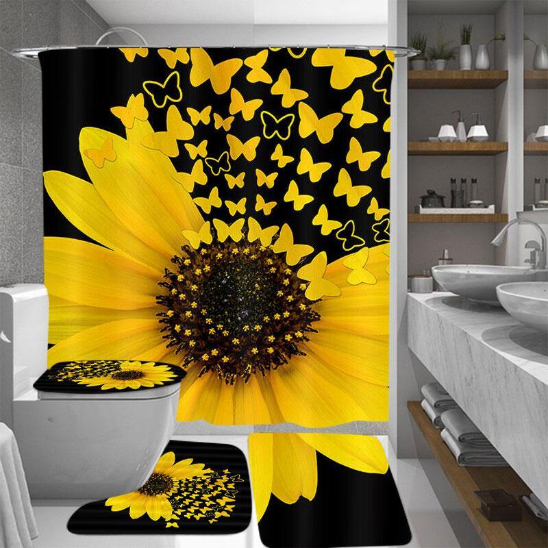 Sunflower Butterfly Print Waterproof Bathroom Shower Curtain Toilet Cover Carpet Toilet Mat Set Decor - MRSLM