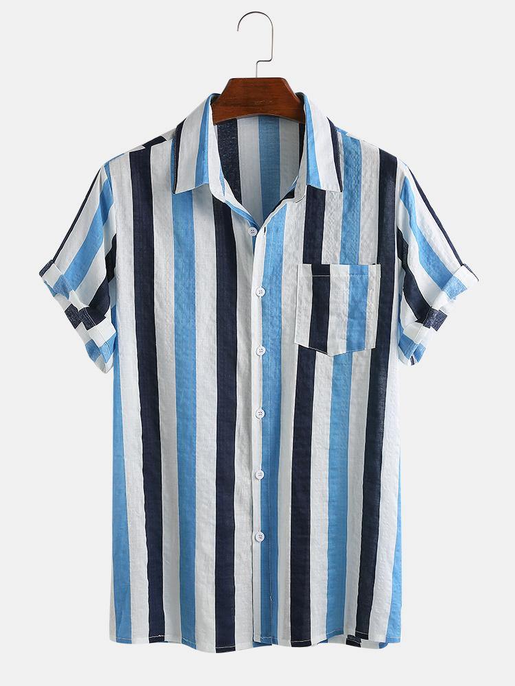 Mens Thin Breathable Cotton Colorful Stripe Holiday Short Sleeve Shirts - MRSLM