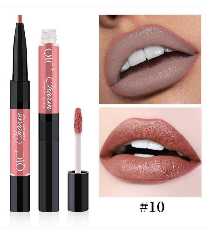 QIC 2 In 1 Lip gloss Wateproof Double Ended Long Lasting Liquid Lipsticks Matte Velvet Lip Makeup Cosmetics Nude Lip Liner Pencil - MRSLM