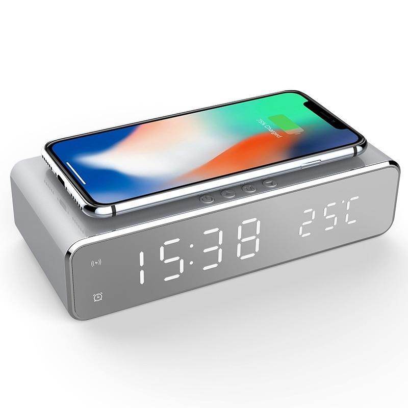 USB Digital LED Desk Alarm Clock With Thermometer Wireless Charger For Samsung Huawei (Silver) - MRSLM