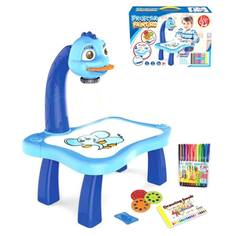 Kids Intelligent Projection Drawing Table Light Music Arts Crafts LED Lamp Projector Educational Learning Table Toy (Blue) - MRSLM
