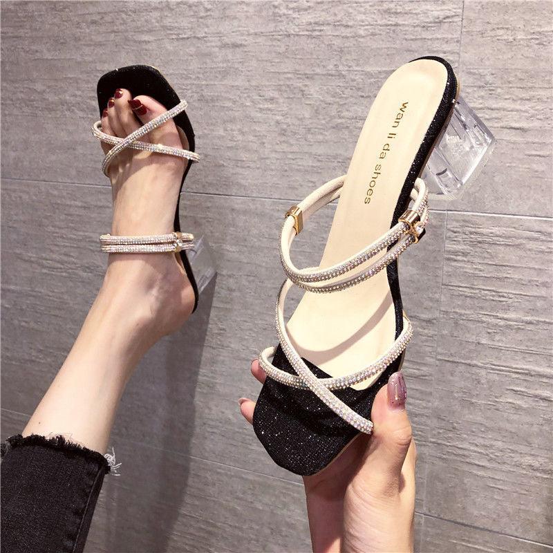 Open-toed two-wear half-drag fashion crystal high-heel sandals - MRSLM
