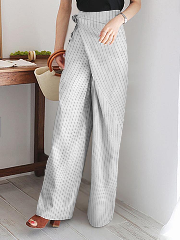 Women Stripe Print Asymmetrical Bandage Design Casual Wide Leg Pants - MRSLM