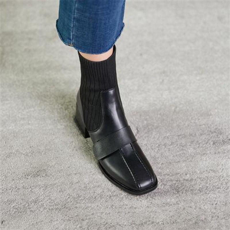 Large Brown Square Toe Mid-heel Soft Leather Shoes - MRSLM