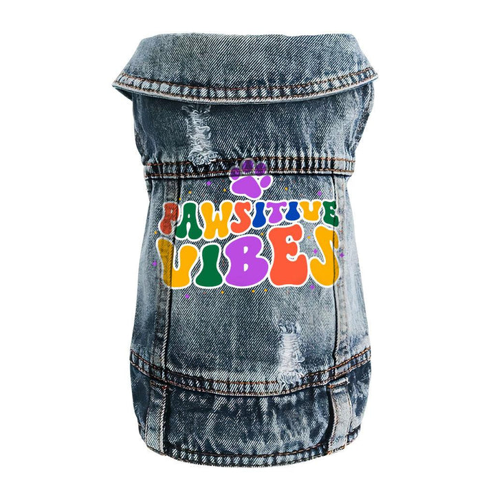 Pawsitive Vibes Dog Denim Vest - Colorful Text Dog Denim Jacket - Cool Dog Clothing - MRSLM