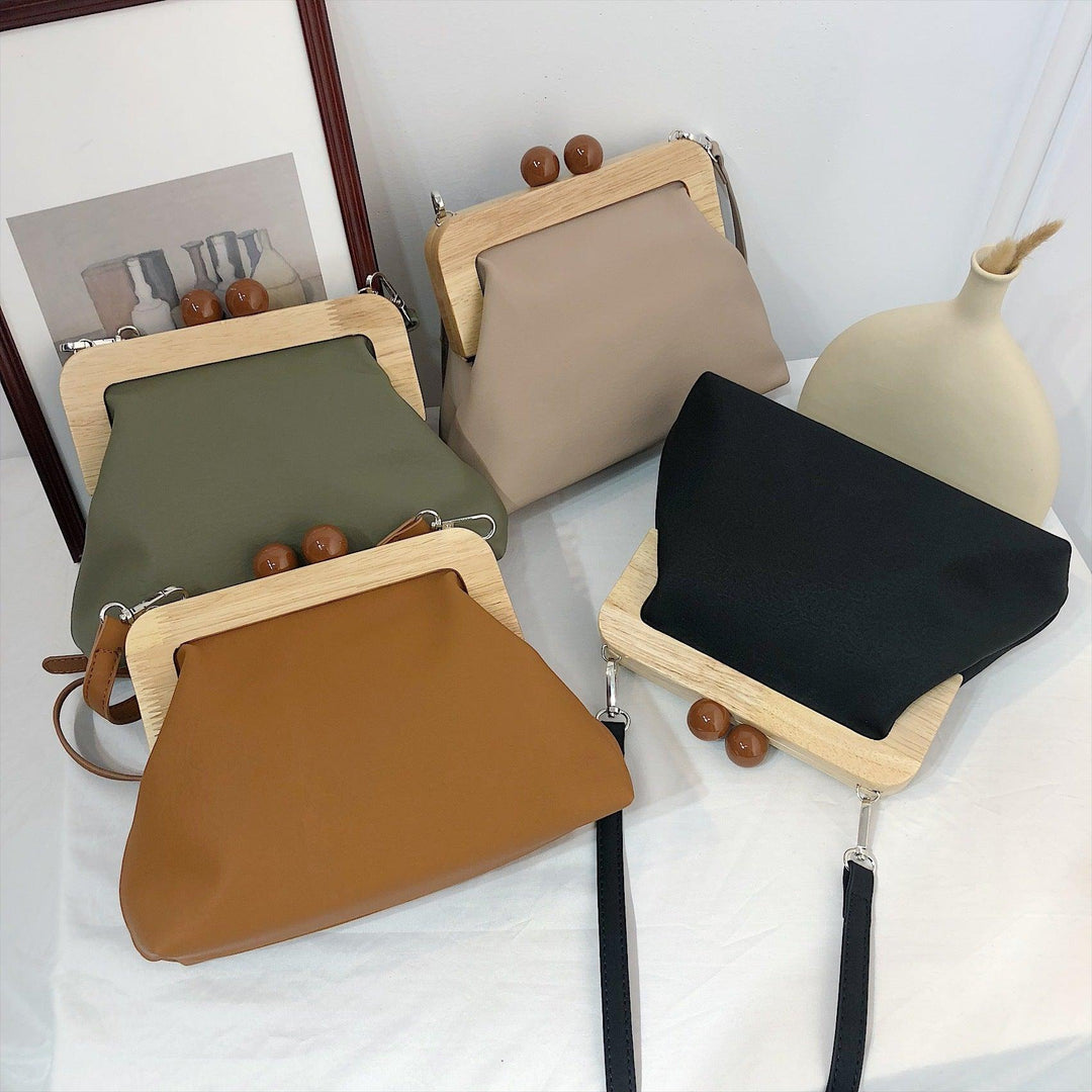 Soft Leather Assembling Wooden Clip Clutch Handbag - MRSLM