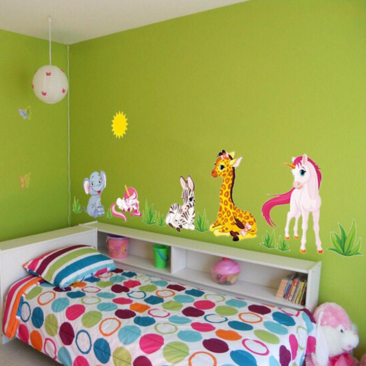Cartoon Animal Elephant Giraffes Grass Bedroom Removable Wall Sticker Home Decor - MRSLM