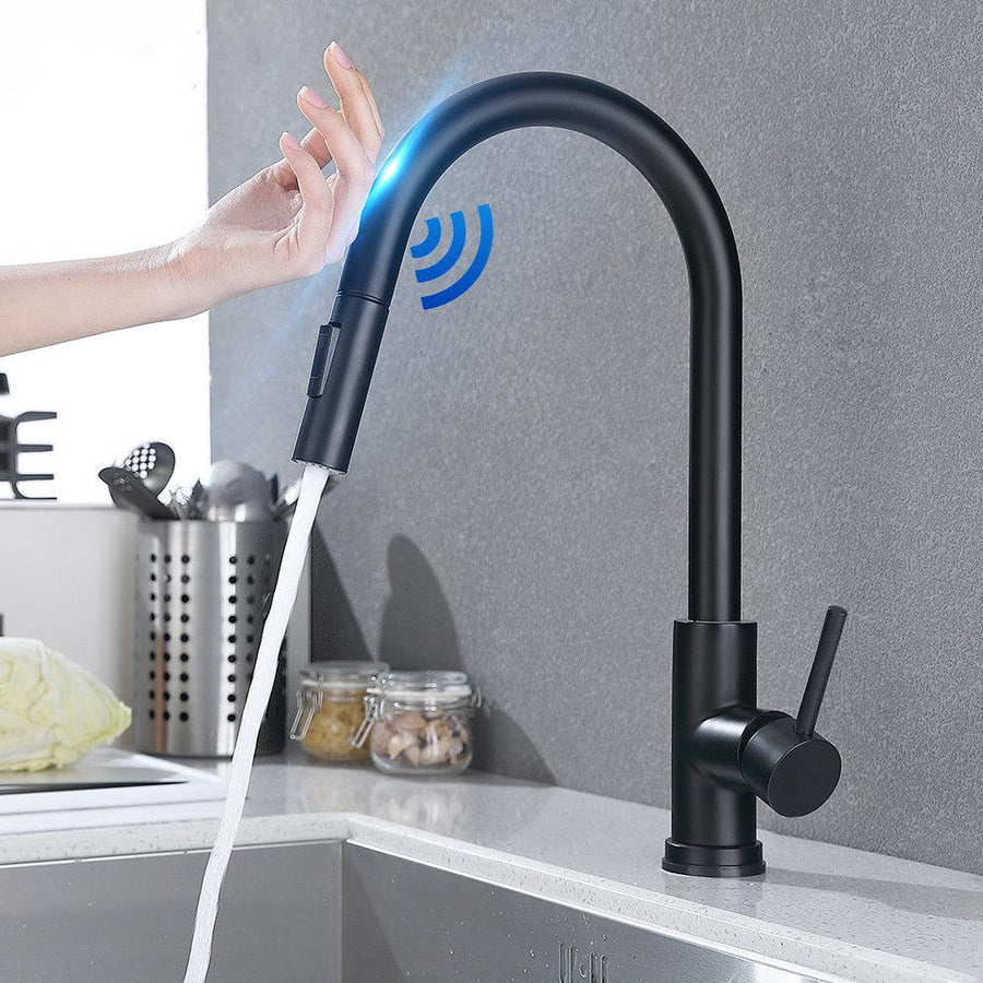 Matte Black Stainless Steel Kitchen Sink Faucets Mixer Smart Touch Sensor Pull Out Hot Cold Water Mixer Tap Crane - MRSLM
