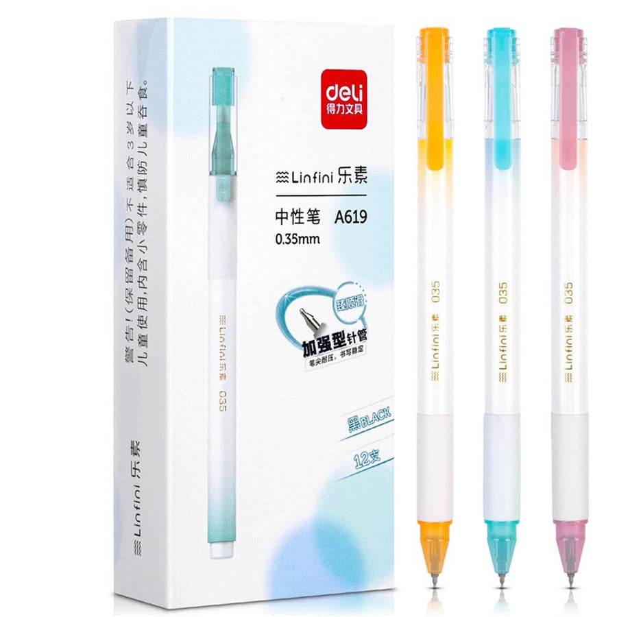 Deli A619 12Pcs Netural Pen Set 0.35mm Enhanced Needle Nib Colorful Shell Gel Pen Student Writing Notes Taking Signing Pen Black Ink For School Office (12pcs) - MRSLM