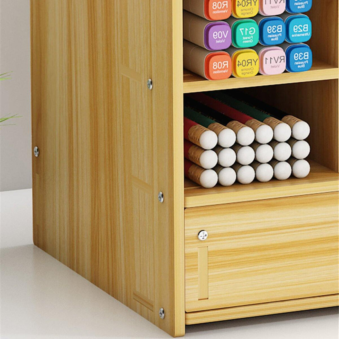 Pen Holder Wooden Pencil Storage Holder Study Home Office Case Rack Drawer - MRSLM