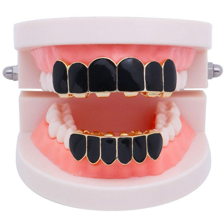 Punk Black Matte Braces Hiphop Grillz Gold Plated Dentures Set Teeth Jewelry - MRSLM