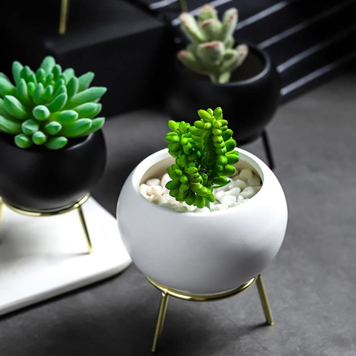 Succulent Pot Vase Simple Iron Frame Flower Stand Ceramic Hydroponic Flowerpot for Green Plant Set - MRSLM