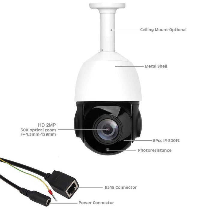 1080P 30X Zoom POE 2.0MP PTZ Wired Cameras System Pan/Tilt Speed Dome Camera Audio Waterproof Home Security Cameras - MRSLM