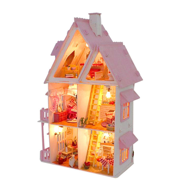 DIY Wooden Dolls House Doll House LED Light Miniature Dollhouse w/ Furniture Doll House Accessories - MRSLM