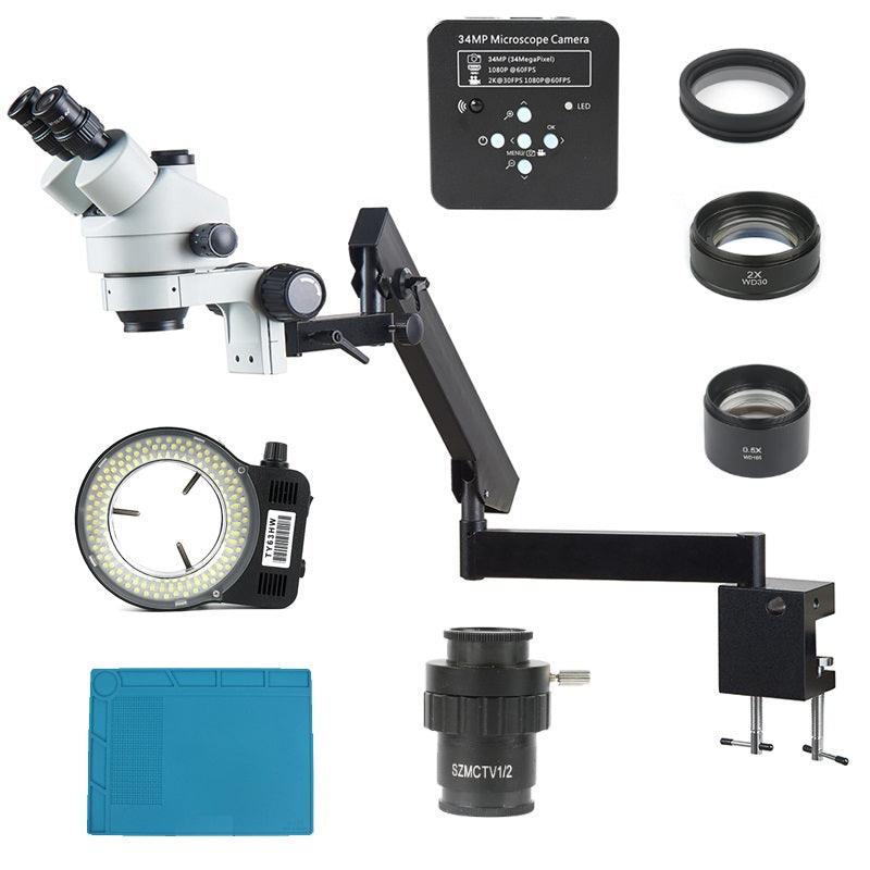 3.5X - 90X Articulating Arm Pillar Clamp Zoom Simul Focal Trinocular Stereo Microscope + 34MP Video Camera For Industrial PCB - MRSLM