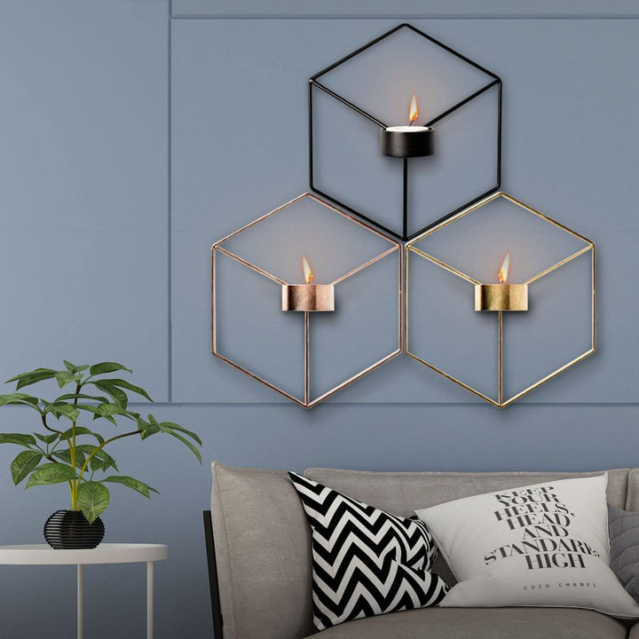 3D Geometric Nordic Style Candle Holder Iron Candlestick Handmade Wall Art Room Home Decor - MRSLM