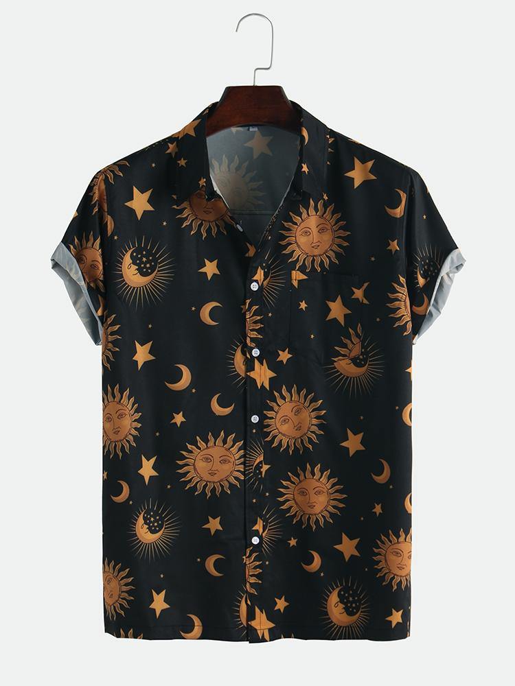 Men Sun Moon Print Short Sleeve Relaxed Shirts - MRSLM