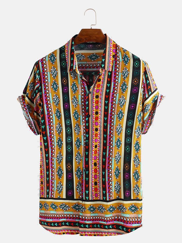 Mens Ethnic Style Pattern Printed Summer Loose Casual Shirts - MRSLM