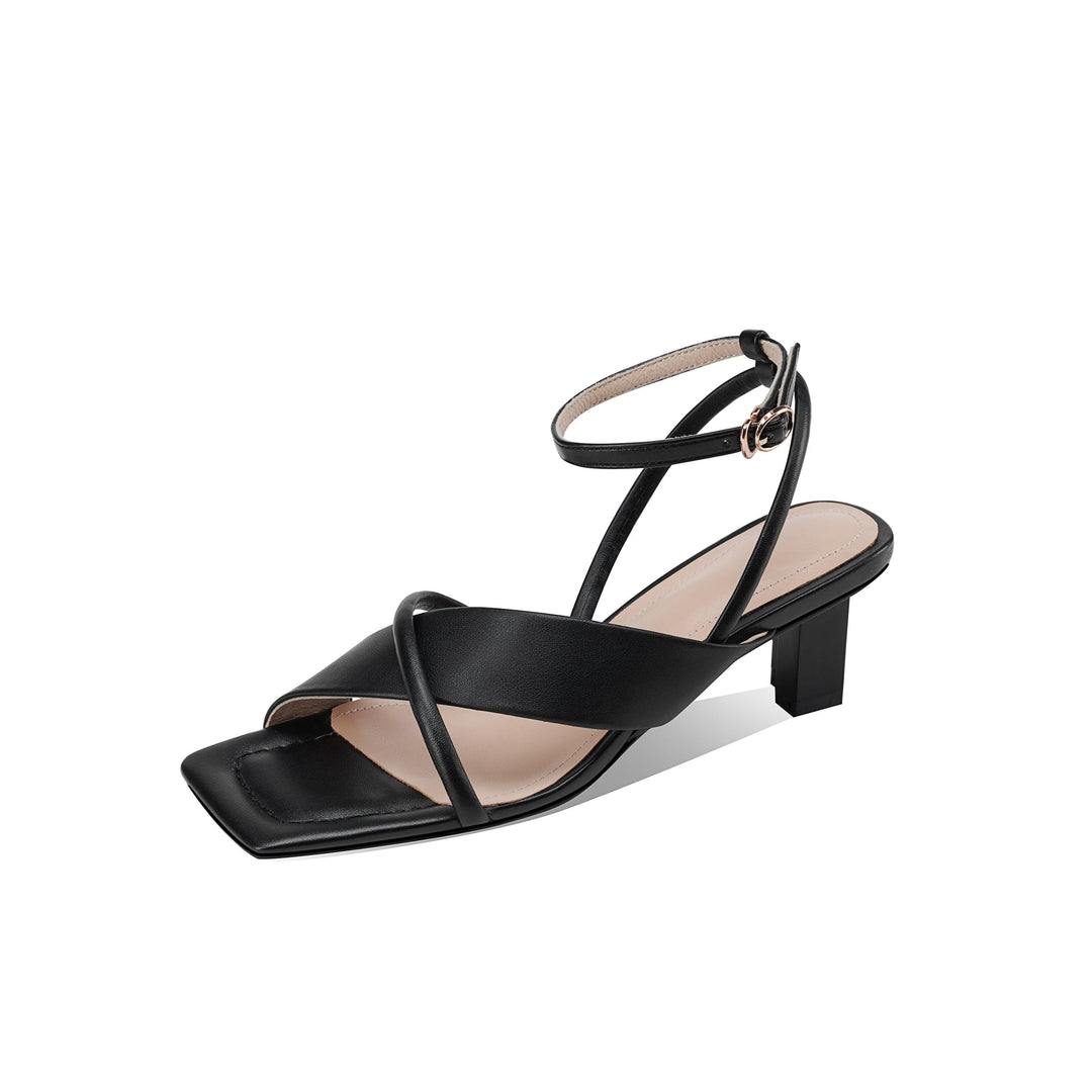 Square Toe Thick Heel Temperament Leather Mid-heel Women's Sandals Trendy - MRSLM