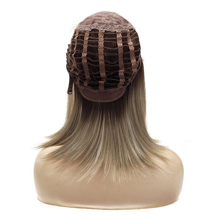 16 inch Brown Roots Ombre Ash Blonde Synthetic Hair Wigs for Women Short BoB Layered Wig - MRSLM