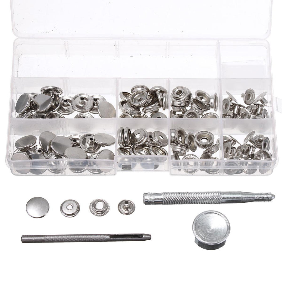 120Pcs 15mm Heavy Duty Silver Snap Fastener Press Studs Button With Tool - MRSLM