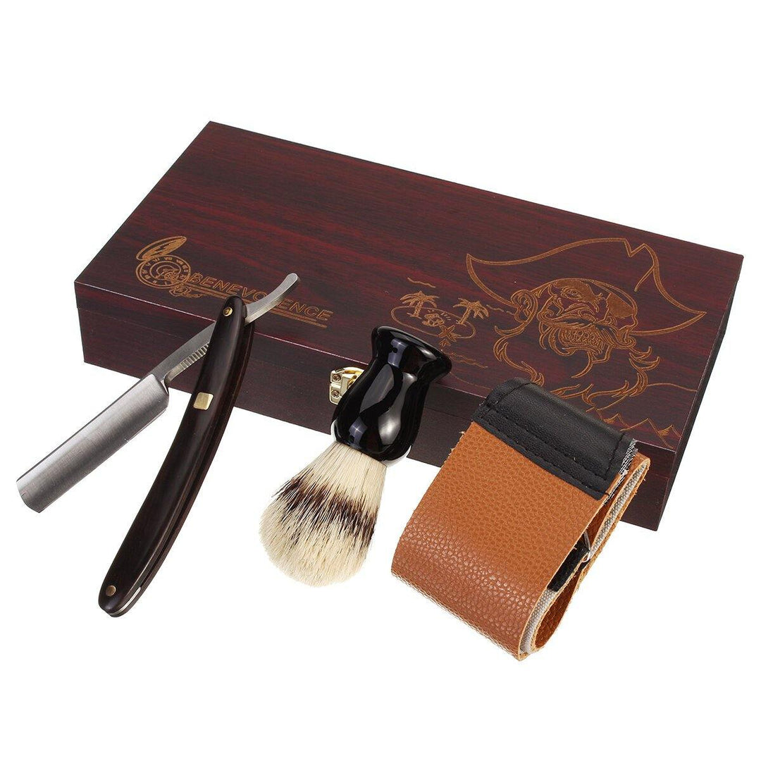 Barber Shaving Kit Set Straight Razor Shaving Brush Strop Wooden Box - MRSLM