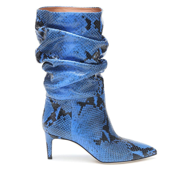 Pointed Toe Stiletto High Heel Snake Print Pleated Mid-top Boots Purple And Silver Women's Boots - MRSLM