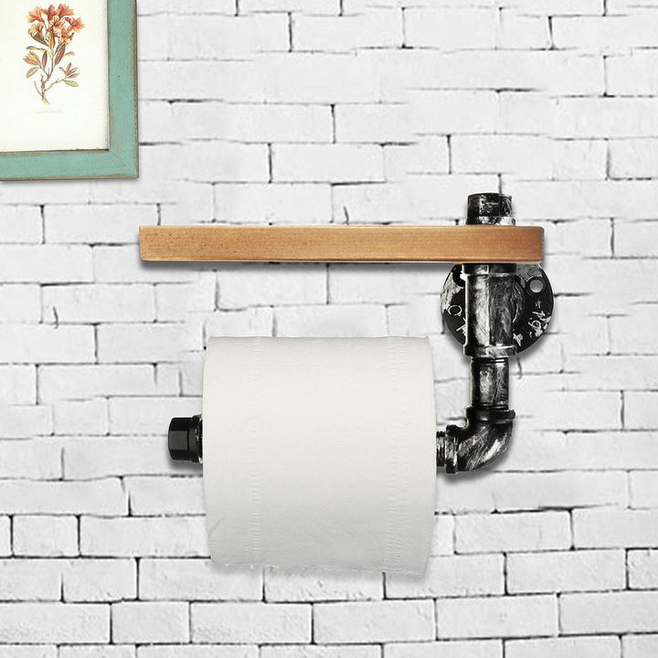 Industrial Silver Urban Rustic Iron Pipe Toilet Paper Roller Holder Bathroom Wood Shelf Storage - MRSLM