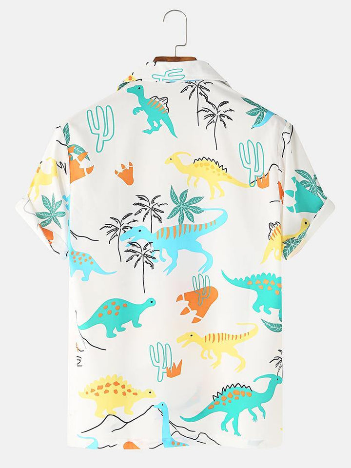 Cartoon Dinosaur Animal Printed Short Sleeve Casual Shirts - MRSLM